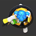 Anime Style Blue Haired Character Figure With White Yellow Coat Yellow Skirt And Green Object