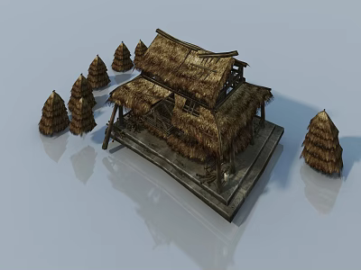 Swing Door In Traditional Building With Thatched Roof And Conical Trees 3d model