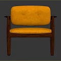 Modern Leisure Chair with Orange Cushioned Seat Backrest and Wooden Armrest Frame