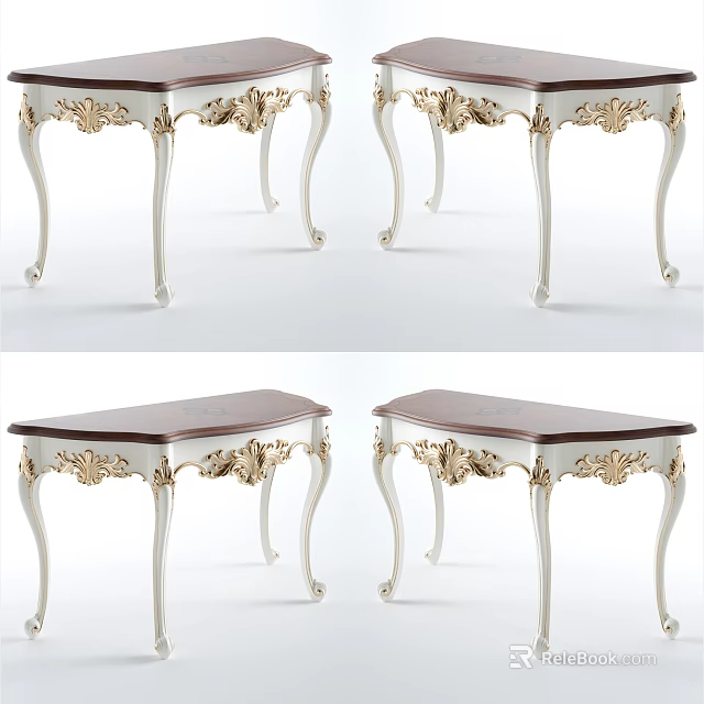 Elegant Classical Console Table With Gold Carved Details White Frame And Wooden Top 3d model 