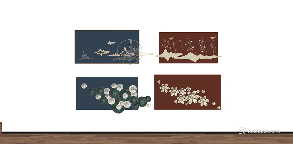 Modern Wall Decor With Blue Brown Backgrounds Mountain Bird Flower Circular Patterns 3d model 