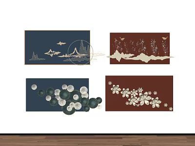 Modern Wall Decor With Blue Brown Backgrounds Mountain Bird Flower Circular Patterns 3d model