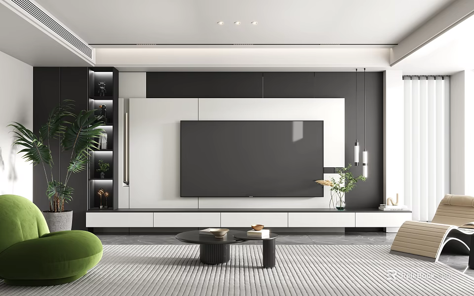 Modern TV Wall Design In Living Room With Black White Panels And Green Plant Decor 3d model 
