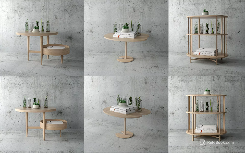 Modern Light Wooden Round Side Table Design With Potted Plants And Books 3d model 