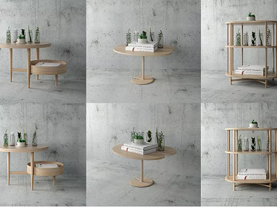 Modern Light Wooden Round Side Table Design With Potted Plants And Books 3d model