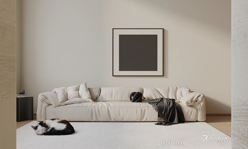 Beige Soft Fabric Sectional Sofa With Plush Pillows Dark Throw Blanket And Cat On Rug 3d model 