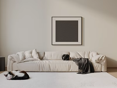 Beige Soft Fabric Sectional Sofa With Plush Pillows Dark Throw Blanket And Cat On Rug 3d model