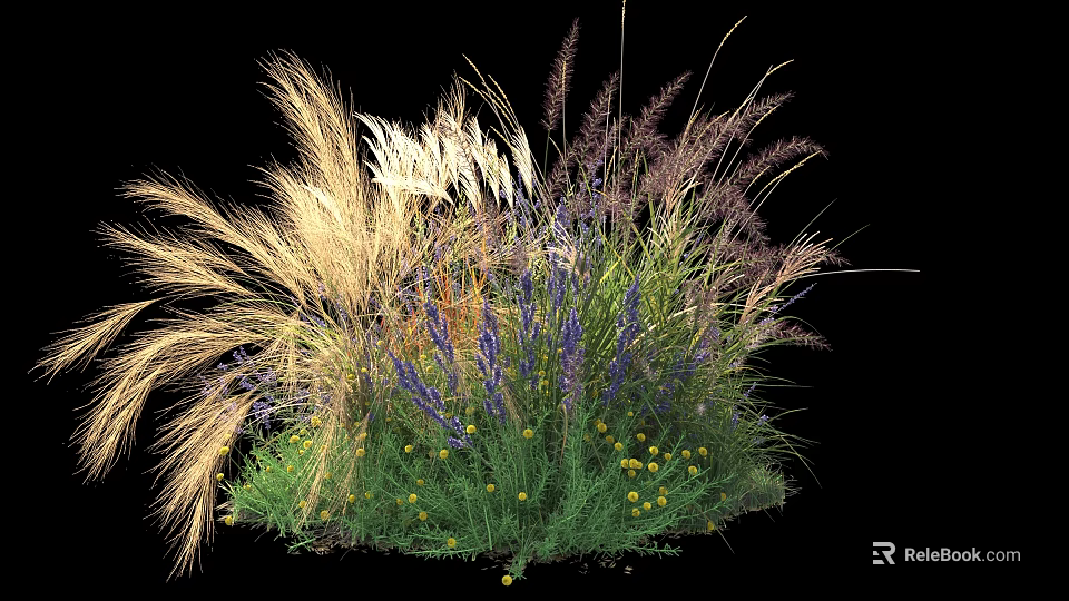 Vibrant Garden Shrubs with Lavender Yellow Flowers and Ornamental Grasses 3d model 