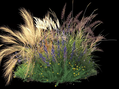 Vibrant Garden Shrubs with Lavender Yellow Flowers and Ornamental Grasses 3d model