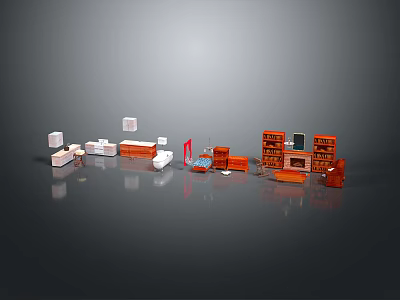Modern Home Furniture Collection Featuring White Orange Cabinets Bookshelves And Storage Units 3d model
