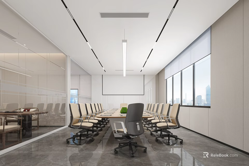 Modern Conference Room Interior Design With Large Table Multiple Chairs Projection Screen And Windows 3d model