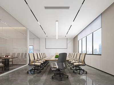 Modern Conference Room Interior Design With Large Table Multiple Chairs Projection Screen And Windows 3d model