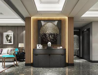 Modern Foyer Hallway Interior Design With Wooden Accents Marble Floor And Decorative Artwork 3d model