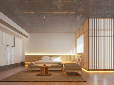 Minimalist Hotel Guest Room Interior With Wooden Bed Sliding Screen Area Rug And Warm Lighting 3d model