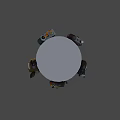 Tactical Weapons and Gear Display on White Circular Platform with Grenades Pouches and Signal Flares
