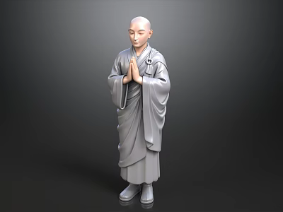 Bald Headed Man in Traditional Gray Robe with Hands Clasped in Prayer Position 3d model