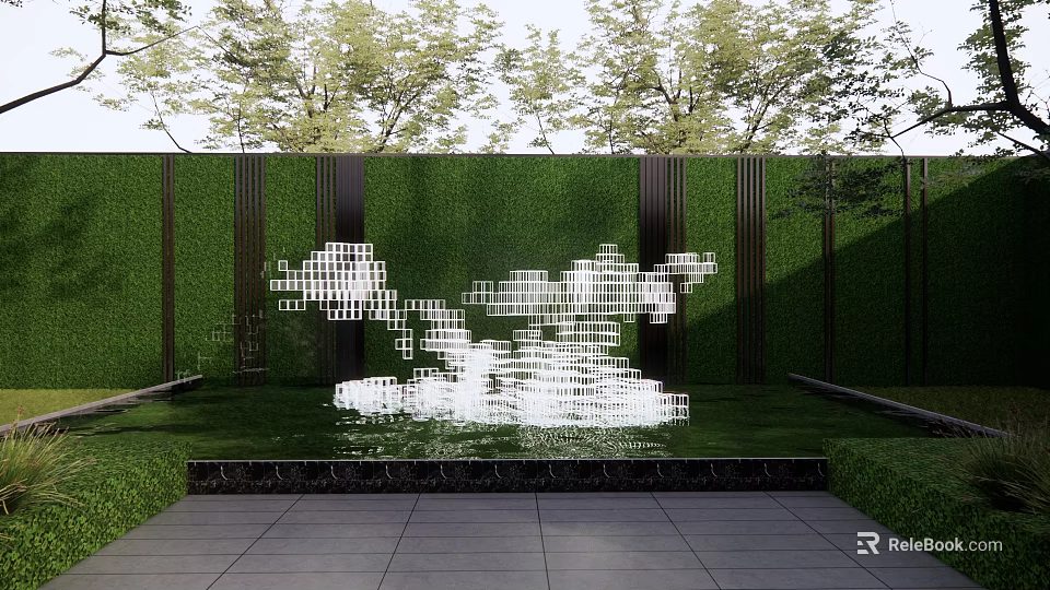 Modern Outdoor Landscape Sculpture With White Geometric Structure Green Wall Grass And Stone Slab Floor 3d model 