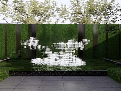 Modern Outdoor Landscape Sculpture With White Geometric Structure Green Wall Grass And Stone Slab Floor 3d model