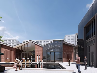 Modern Commercial Street With Red Brick Glass Buildings And Pedestrian Water Pool 3d model