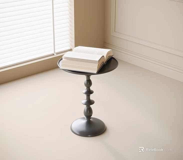 Black Side Table With Decorative Spherical Base Open Book Placed By Window Light Walls Floor 3d model