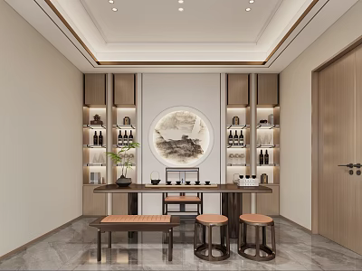 Modern Tea Room with Round Painting Wooden Shelves Long Table and Stools 3d model