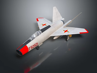 White and Red Fighter Jet Model with Star Emblems and F5050 Marking on Dark Background 3d model