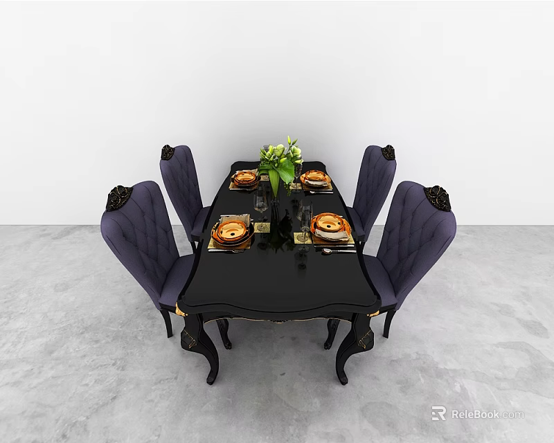 Elegant Black Dining Table Set With Purple Chairs Gold Accents Plates And Green Floral Centerpiece 3d model 