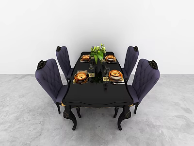Elegant Black Dining Table Set With Purple Chairs Gold Accents Plates And Green Floral Centerpiece 3d model