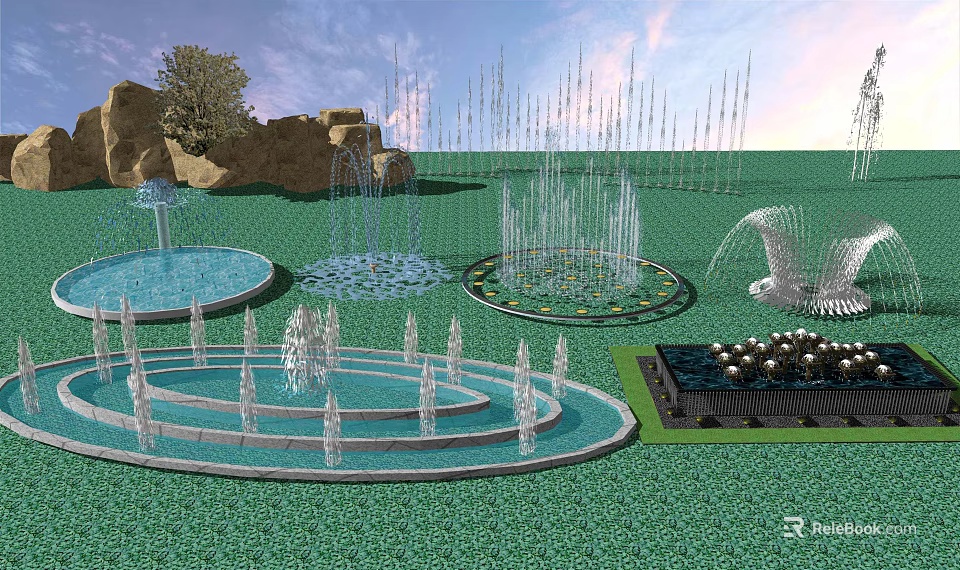 Multiple Water Fountains With Various Shapes Pools In Green Lawn And Rockery 3d model 