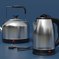 Silver Stainless Steel Kitchen Electric Kettles With Black Handles And Power Plug On Blue Background