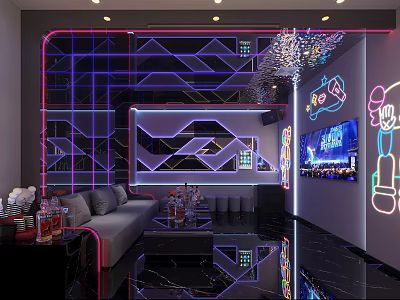 Modern KTV Interior With Neon Lights Comfortable Sofa TV Screen And Stylish Decorations 3d model