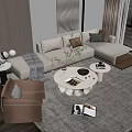 Modern Beige Sofa and Coffee Table Set with Round Table Armchair and Decorative Rug