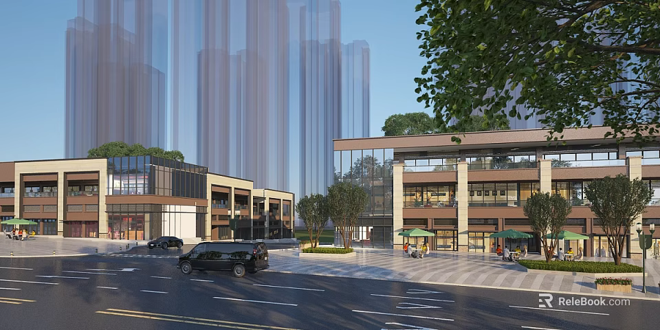 Modern Commercial Street With Multi Story Glass Buildings Outdoor Cafes Vehicles And Green Trees 3d model 