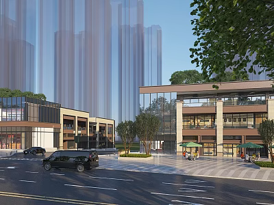 Modern Commercial Street With Multi Story Glass Buildings Outdoor Cafes Vehicles And Green Trees 3d model