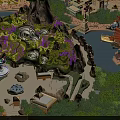 Scenic Amusement Park With Large Purple Floral Decorations Rocky Mountain And Green Vegetation