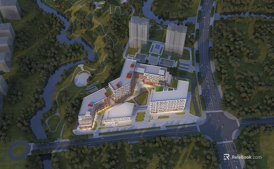 Modern Design School Buildings with Courtyard Surrounded by River Green Spaces and Roads 3d model 