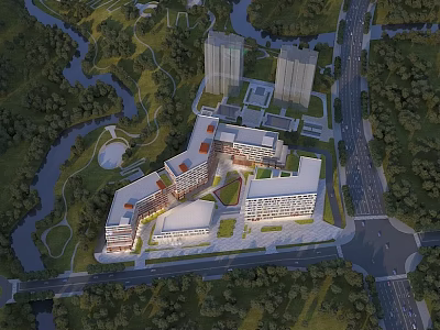 Modern Design School Buildings with Courtyard Surrounded by River Green Spaces and Roads 3d model