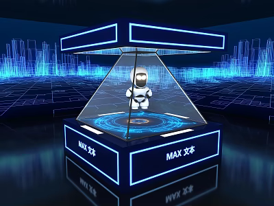 Modern Display Shelf with LED Lights Transparent Design and Robot Model in Hi Tech Setting 3d model