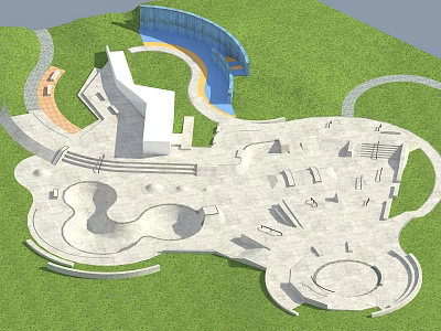 Park Landscape With Green Lawn Curved Structures Open Plaza Circular Design And Seating Areas 3d model
