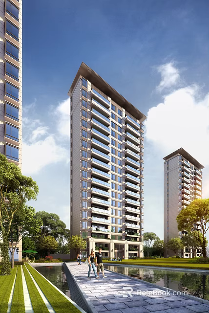 Modern High Rise Residential Building Exterior With Balconies Glass Windows And Surrounding Greenery 3d model 