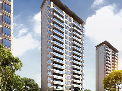 Modern High Rise Residential Building Exterior With Balconies Glass Windows And Surrounding Greenery 3d model