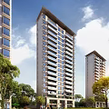 Modern High Rise Residential Building Exterior With Balconies Glass Windows And Surrounding Greenery