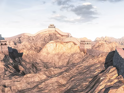 Scenic Great Wall Landscape With Ancient Watchtowers On Rugged Mountains And Cloudy Sky 3d model