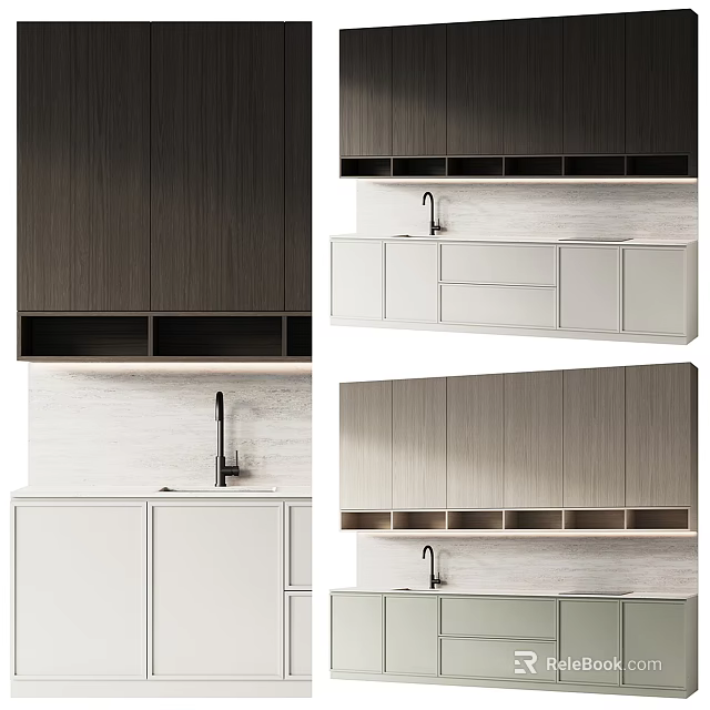 Modern Kitchen Interior Design With Dark Wooden Cabinets White Countertop Drawers And Faucet 3d model 