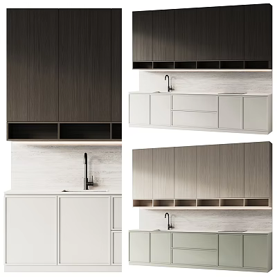 Modern Kitchen Interior Design With Dark Wooden Cabinets White Countertop Drawers And Faucet 3d model