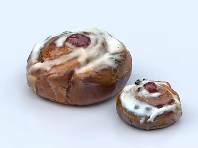 Freshly Baked Cinnamon Rolls With Cream Cheese Frosting Red Cherry Topping And Large Small Sizes 3d model