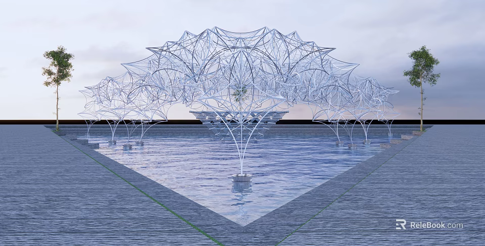 Modern Tree Shaped Metal Pergola Design With Water Pool Reflection And Stone Pavement 3d model 