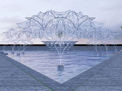 Modern Tree Shaped Metal Pergola Design With Water Pool Reflection And Stone Pavement 3d model