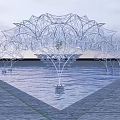 Modern Tree Shaped Metal Pergola Design With Water Pool Reflection And Stone Pavement
