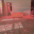 Abandoned Indoor Scene With Wooden Floor Yellow Sofa Windows Peeling Walls Wood Chips And Debris